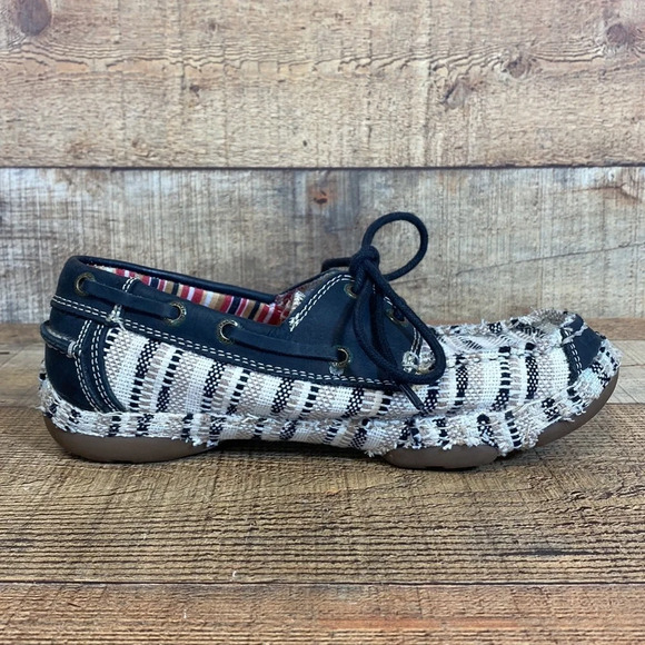 Tony Lama Boat Shoes Womens 6.5B Lindale Lace Up Black Tan Woven Flats‎ - Picture 4 of 14